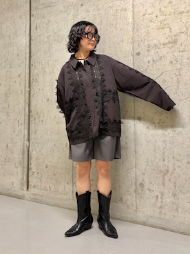 「KBF（ケイビーエフ）のヴィンテージライクレースシャツ（シャツ/ブラウス、ブラウン系）」を使った、タカタニさん（レディース・149cm）の春コーディネート