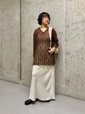 「KBF（ケイビーエフ）のフーディーレーストップス（Tシャツ/カットソー、ブラウン系）」を使った、タカタニさん（レディース・149cm）の夏コーディネート