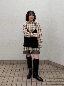 「KBF（ケイビーエフ）のビスチェSETチェックシャツ（シャツ/ブラウス、ベージュ系）」を使った、タカタニさん（レディース・149cm）の夏コーディネート