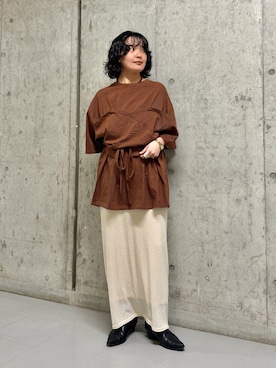 「KBF（ケイビーエフ）のビスチェデザインBIGボーダーTEE（Tシャツ/カットソー、ブラウン系）」を使った、タカタニさん（レディース・149cm）の春コーディネート