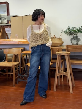 「KBF（ケイビーエフ）のハンドニットビスチェ（ニット/セーター、ベージュ系）」を使った、タカタニさん（レディース・149cm）の夏コーディネート