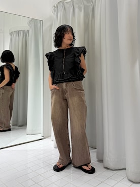 「KBF（ケイビーエフ）の2WAYバイカラーフリルブラウス（シャツ/ブラウス、ブラック系）」を使った、タカタニさん（レディース・149cm）の夏コーディネート