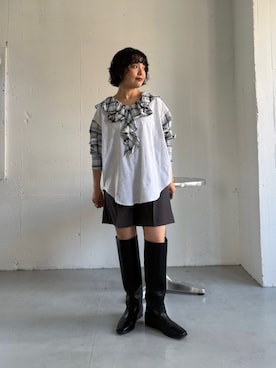 「KBF（ケイビーエフ）のチェックフリルドッキングトップス（Tシャツ/カットソー、ベージュ系）」を使った、タカタニさん（レディース・149cm）の夏コーディネート