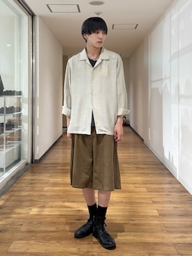 「SENSE OF PLACE by URBAN RESEARCH（センスオブプレイスバイアーバンリサーチ）のスラブライクオープンカラーロングスリーブシャツ（シャツ/ブラウス、ベージュ系）」を使った、りゅーとさん（メンズ・172cm）の夏コーディネート