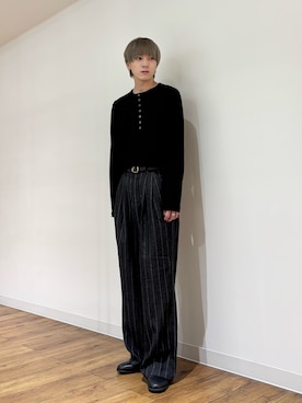 「SENSE OF PLACE by URBAN RESEARCH（センスオブプレイスバイアーバンリサーチ）のウールタッチストライプワイドフレアパンツ（その他パンツ）」を使った、りゅーとさん（メンズ・172cm）の秋コーディネート