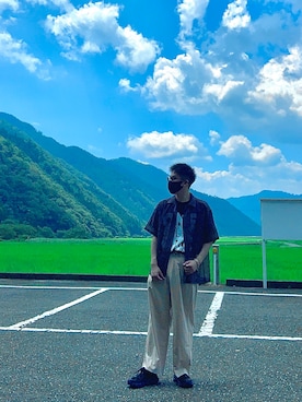 「SENSE OF PLACE by URBAN RESEARCH（センスオブプレイスバイアーバンリサーチ）のシアープリントオープンカラーショートスリーブシャツ（シャツ/ブラウス）」を使った、tsuba1119さん（メンズ・70cm）の夏コーディネート