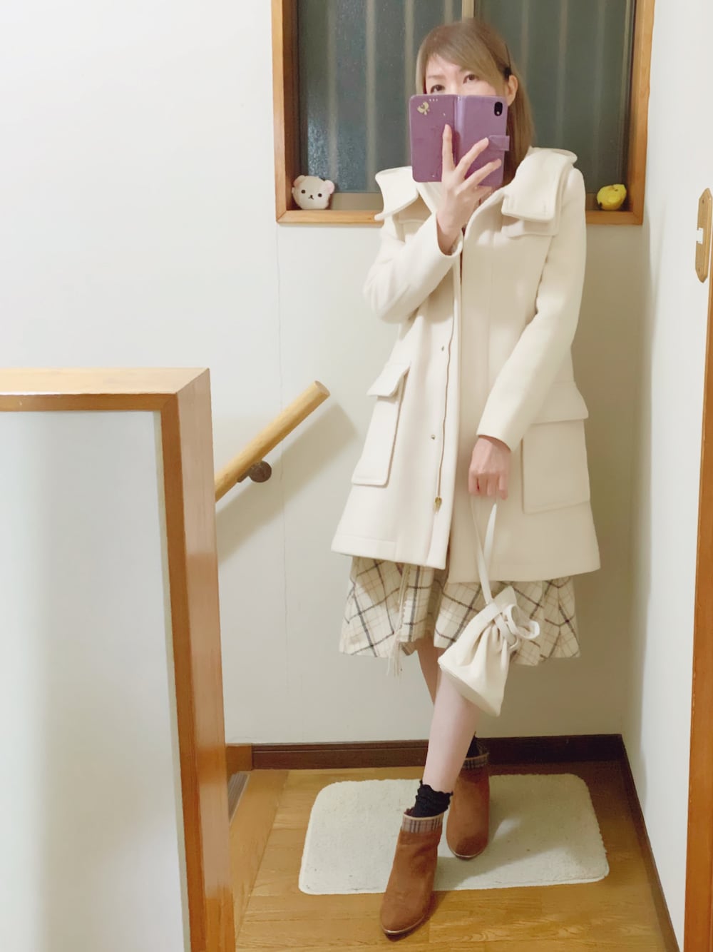 「フレアスカート、フリンジ、チェック柄、Lily Brown、リリーブラウン、JILLSTUART、JILL by Jillstuart、ショートブーツ、フレアスリーブ」｜「ORiental TRafficの茶系のショートブーツ🥾シアーチェックがポイント💡 ̖́-‬可愛い🥰（ブーツ、ブラウン系）」を使った、mami太郎さん（レディース・162cm）の冬コーディネートの1枚目の写真