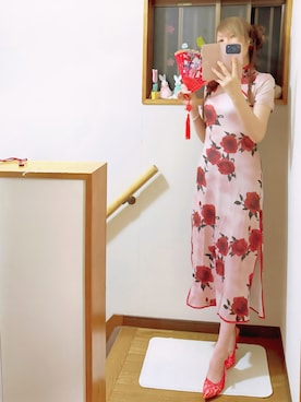 「SHEINの赤い薔薇柄の素敵なチャイナドレス🌹🇨🇳（ワンピース/ドレス、ピンク系）」を使った、mami太郎さん（レディース・162cm）の夏コーディネート