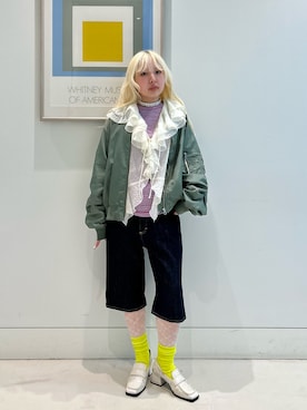 「Ray BEAMS（レイビームス）のラッフルカラー ノースリーブ ブラウス（シャツ/ブラウス、ホワイト系）」を使った、haruさん（レディース・152cm）の春コーディネート