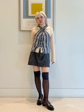 「Ray BEAMS（レイビームス）のマルチストライプ ニット キャミソール（キャミソール、ブルー系）」を使った、haruさん（レディース・152cm）の夏コーディネート