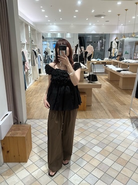 「mystic（ミスティック）のウエストレースイージーパンツ（その他パンツ、ブラウン系）」を使った、たけなかさん（レディース・157cm）の夏コーディネート
