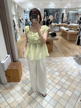 「mystic（ミスティック）の【タックデザイン/3サイズ展開】ワイドベルトタックパンツ（その他パンツ、ホワイト系）」を使った、たけなかさん（レディース・157cm）の夏コーディネート