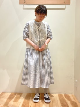 「Samansa Mos2（サマンサ モスモス）のモチーフレースベスト（ベスト）」を使った、ナツミさん（レディース・163cm）の夏コーディネート