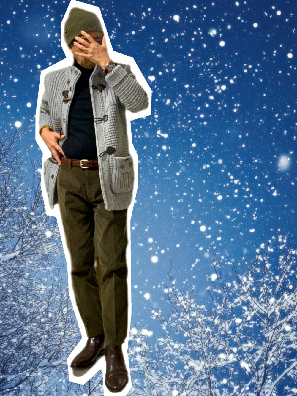 「冬コーデ、ホワイトコーデ、クリスマスに着たい服、マイベストコーデ2024、シンプルスタイル、おしゃれさんと繋がりたい、きれいめカジュアル、大人カジュアル」｜「HUGO BOSSのアイテム（キャップ、グリーン系）」を使った、zizitownさん（メンズ・175cm）の冬コーディネートの1枚目の写真