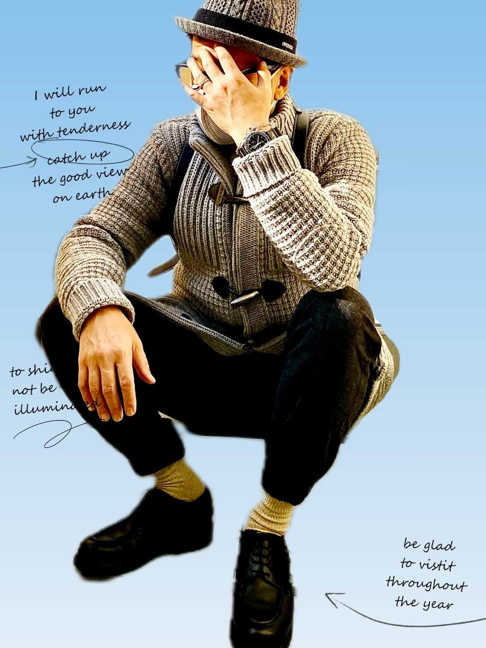 グレー系のテーラードジャケット、ブラウン系のスラックス、ブラック系のドレスシューズを着用したメンズの冬コーディネートの1枚目の写真