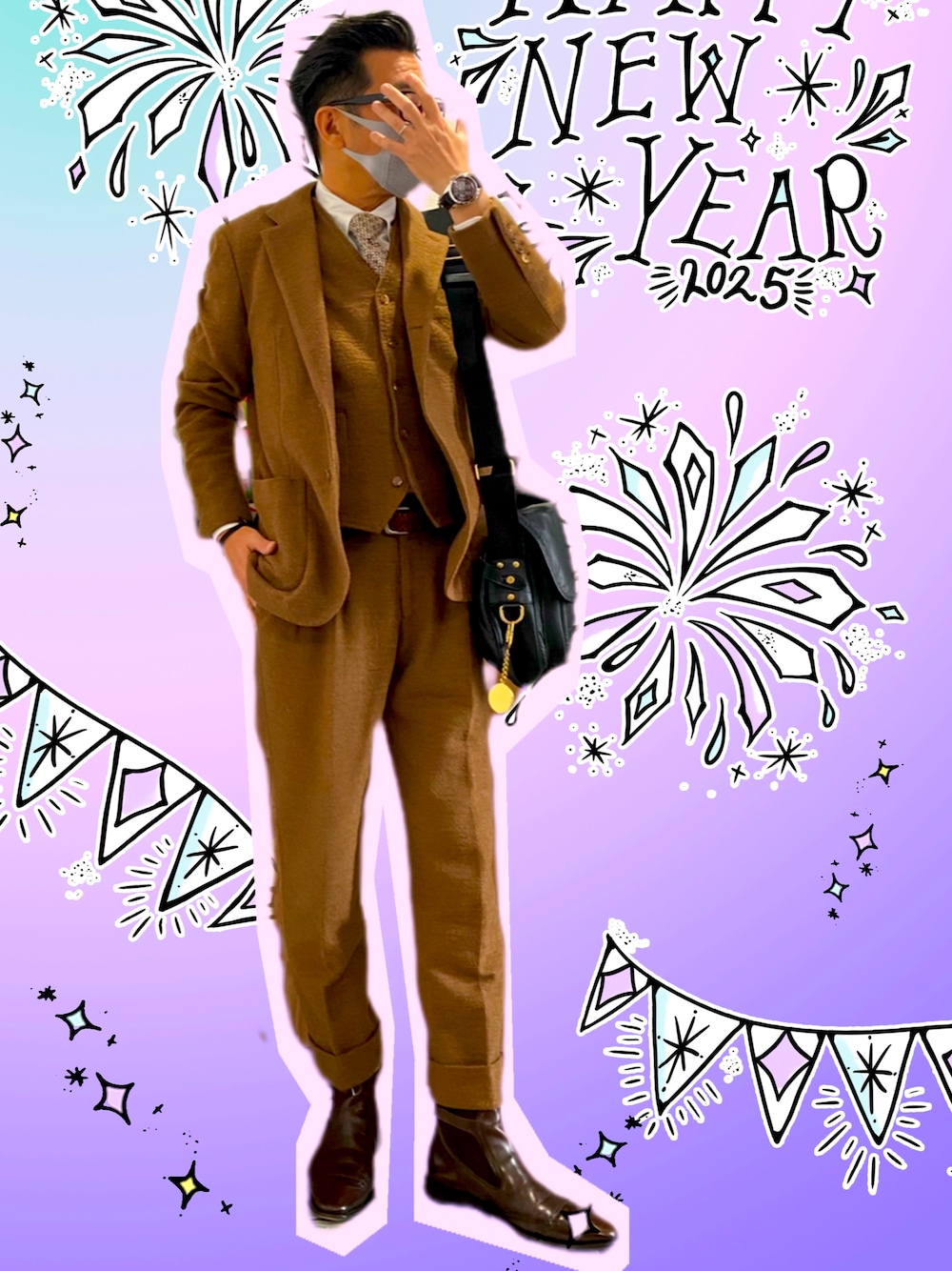 「冬アウター、オトナカジュアル、新年一発目、初詣、正装、きれいめカジュアル、いいね、save、フォローお願いします🤑、セットアップ」｜「HELIOPOLEのアイテム（テーラードジャケット、ゴールド系）」を使った、zizitownさん（メンズ・175cm）の冬コーディネートの1枚目の写真