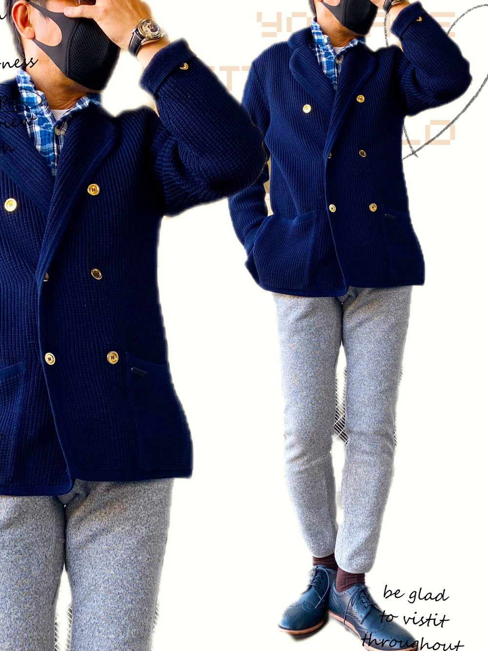「休日スタイル、オトナカジュアル、おしゃれさんと繋がりたい、いいね、save、フォローお願いします🤑、きれいめカジュアル、バーク、グラミチ」｜「BARKの≪BARK / バーク≫ケーブルコットン ダブルブレステッド ブレザー /  CABLE' COTTON DOUBLE BLEASTED BLAZER（テーラードジャケット、ブルー系）」を使った、zizitownさん（メンズ・175cm）の冬コーディネートの1枚目の写真