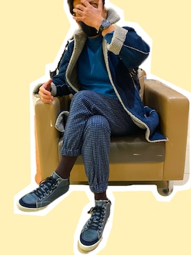「アイテム（ステンカラーコート、ブルー系）」を使った、zizitownさん（メンズ・175cm）の冬コーディネート