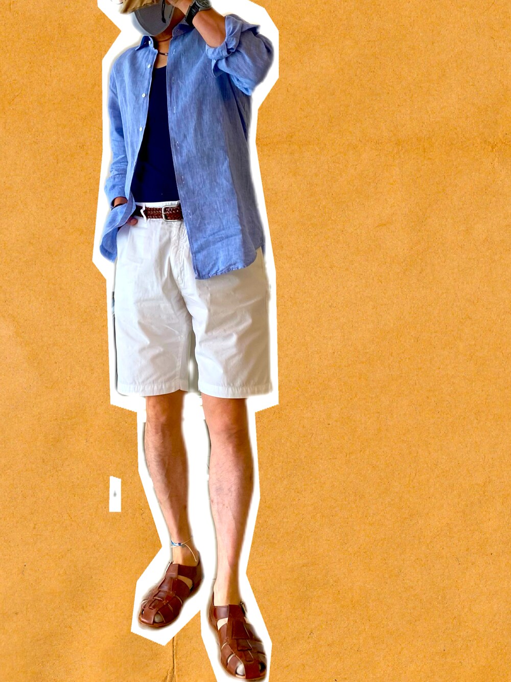 ブルー系のシャツ/ブラウス、グレー系のパンツ、ブラウン系のサンダルを着用したメンズの夏コーディネートの1枚目の写真