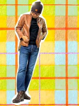 「アイテム（ライダースジャケット）」を使った、zizitownさん（メンズ・175cm）の冬コーディネート