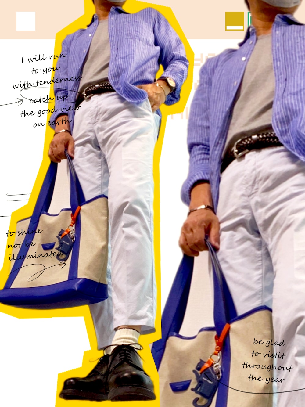 ブルー系のシャツ/ブラウス、ホワイト系のデニムパンツ、ブラック系のドレスシューズを着用したメンズの春コーディネートの1枚目の写真