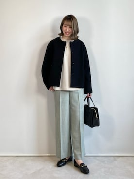 「green label relaxing（グリーンレーベルリラクシング）のアイテム（ノーカラーコート）」を使った、西村（nishimura）さん（レディース・163cm）の冬コーディネート