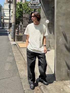 「POLO RALPH LAUREN（ポロ ラルフ ローレン）のクラシック フィット ジャージー クルーネック Tシャツ（Tシャツ/カットソー、ベージュ系）」を使った、Rio Hiragaさん（メンズ・171cm）の春コーディネート