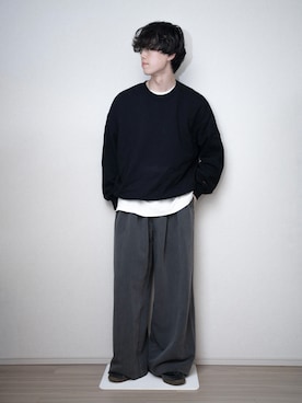 「WETTEMPT（ウィテンプト）のHEAVY WEIGHT DRAW CORD SWEAT / ヘビーウェイトドローコードスウェット（スウェット、ブラック系）」を使った、RIKUさん（メンズ・171cm）の春コーディネート
