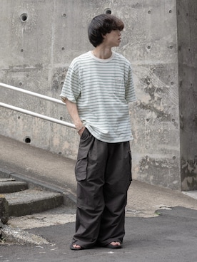 「ADAM ET ROPE'（アダムエロペ）の【 L.L.Bean/エルエルビーン 】Union Short-Sleeve Striped Tee（Tシャツ/カットソー、ホワイト系）」を使った、RIKUさん（メンズ・171cm）の夏コーディネート