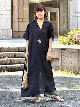 「Demi-Luxe BEAMS（デミルクス ビームス）のリネン カフタン ワンピース（ワンピース、ブラック系）」を使った、Demi-Luxe BEAMSさん（レディース・154cm）の春コーディネート