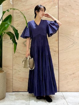 デミルクスビームス リネン パフスリーブ ロング ワンピース ネイビー M Demi-Luxe BEAMS（デミルクス ビームス）の「Demi-Luxe BEAMS / リネン