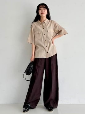 「Demi-Luxe BEAMS（デミルクス ビームス）のシンプル リネン ワイドパンツ .M（Pants、ブラウン系）」を使った、Demi-Luxe BEAMSさん（レディース・164cm）の春コーディネート