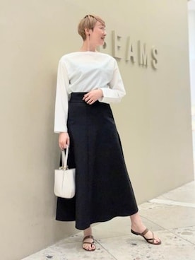 「Demi-Luxe BEAMS（デミルクス ビームス）の【8/6値下げ】ボートネック ロングスリーブ カットソー（Tシャツ/カットソー、ホワイト系）」を使った、Demi-Luxe BEAMSさん（レディース・164cm）の夏コーディネート