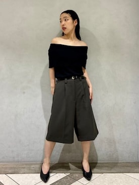 「Demi-Luxe BEAMS（デミルクス ビームス）のオフショルダー ノースリーブ プルオーバーニット［手洗い可］（ニット/セーター、ブラック系）」を使った、Demi-Luxe BEAMSさん（レディース・157cm）の夏コーディネート