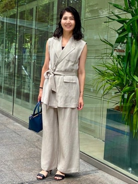 「Demi-Luxe BEAMS（デミルクス ビームス）のAK+1 / リネン ベルテッド ジレ（ベスト、ベージュ系）」を使った、Demi-Luxe BEAMSさん（レディース・157cm）の夏コーディネート