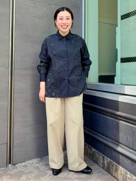 「Demi-Luxe BEAMS（デミルクス ビームス）の【6/11値下げ】アイレット パターン オーバーシャツ（シャツ/ブラウス、ブラック系）」を使った、Demi-Luxe BEAMSさん（レディース・164cm）の夏コーディネート