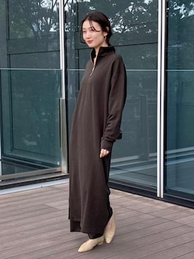 「Demi-Luxe BEAMS（デミルクス ビームス）の【別注】SLOANE / 裏毛 ハーフジップ ワンピース（ワンピース、グリーン系）」を使った、Demi-Luxe BEAMSさん（レディース・158cm）の秋コーディネート