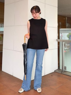 「Demi-Luxe BEAMS（デミルクス ビームス）のラッセルメッシュ ノースリーブ プルオーバー（Tシャツ/カットソー、ブラック系）」を使った、Demi-Luxe BEAMSさん（レディース・157cm）の夏コーディネート