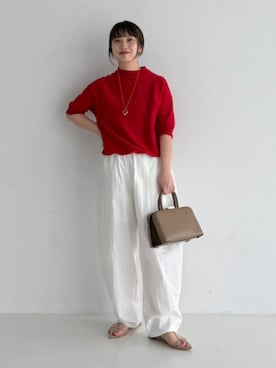 「Demi-Luxe BEAMS（デミルクス ビームス）のAK+1 / モックネック ハーフスリーブ スウェット（Sweatshirt、レッド系）」を使った、Demi-Luxe BEAMSさん（レディース・164cm）の春コーディネート