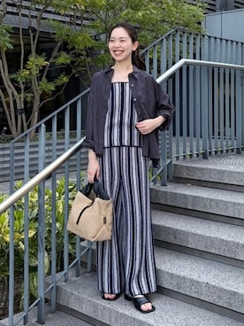 「Demi-Luxe BEAMS（デミルクス ビームス）のVIOLAd’ORO / SANDRO ラフィア 2WAY トートバッグ（トートバッグ、ブラック系）」を使った、Demi-Luxe BEAMSさん（レディース・154cm）の春コーディネート