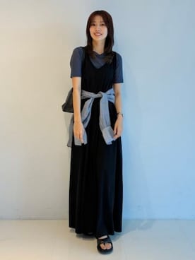 「Demi-Luxe BEAMS（デミルクス ビームス）のAK+1 / 2WAY フレア ワンピース（ワンピース、ブラック系）」を使った、Demi-Luxe BEAMSさん（レディース・157cm）の夏コーディネート
