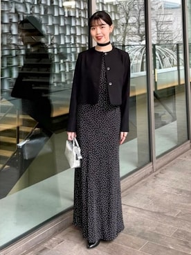 「Demi-Luxe BEAMS（デミルクス ビームス）のクロップド クルーネック ジャケット（Other outerwear、ブラック系）」を使った、Demi-Luxe BEAMSさん（レディース・164cm）の春コーディネート