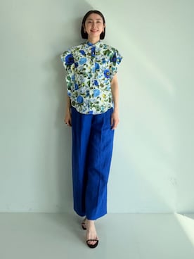 「Demi-Luxe BEAMS（デミルクス ビームス）のシンプル リネン ワイドパンツ .M（Pants、ブルー系）」を使った、Demi-Luxe BEAMSさん（レディース・164cm）の春コーディネート