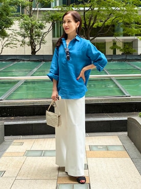 「EFFE BEAMS（エッフェビームス）のリネン プルオーバー シャツ（シャツ/ブラウス、ブルー系）」を使った、Demi-Luxe BEAMSさん（レディース・157cm）の夏コーディネート