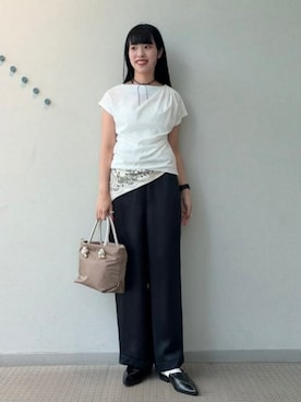 「Demi-Luxe BEAMS（デミルクス ビームス）のVIOLAd’ORO / BIANCA ナイロン トートバッグ S（トートバッグ、ブラウン系）」を使った、Demi-Luxe BEAMSさん（レディース・158cm）の夏コーディネート