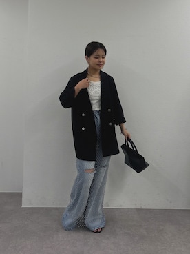 「LOUNGEDRESS（ラウンジドレス）のリネンライクシアージャケット（テーラードジャケット、ブラック系）」を使った、のんさん（レディース・154cm）の春コーディネート