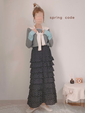 「tiptop（ティップトップ）の【web限定アイテム】配色シアー×ヘンリーネックレイヤードロンT（Tシャツ/カットソー、グレー系）」を使った、shiroさん（レディース・159cm）の春コーディネート