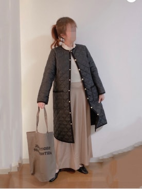 「Traditional Weatherwear」｜「アイテム（ノーカラーコート）」を使った、shiroさん（レディース・159cm）の冬コーディネート