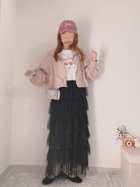 「tiptop（ティップトップ）のチュール段々ティアードスカート（スカート）」を使った、shiroさん（レディース・159cm）の春コーディネート