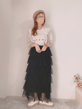 「tiptop（ティップトップ）のチュール段々ティアードスカート（スカート）」を使った、shiroさん（レディース・159cm）の春コーディネート